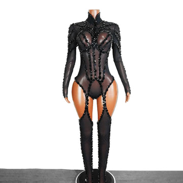 Rhinestone Mesh Jumpsuit Costume Set