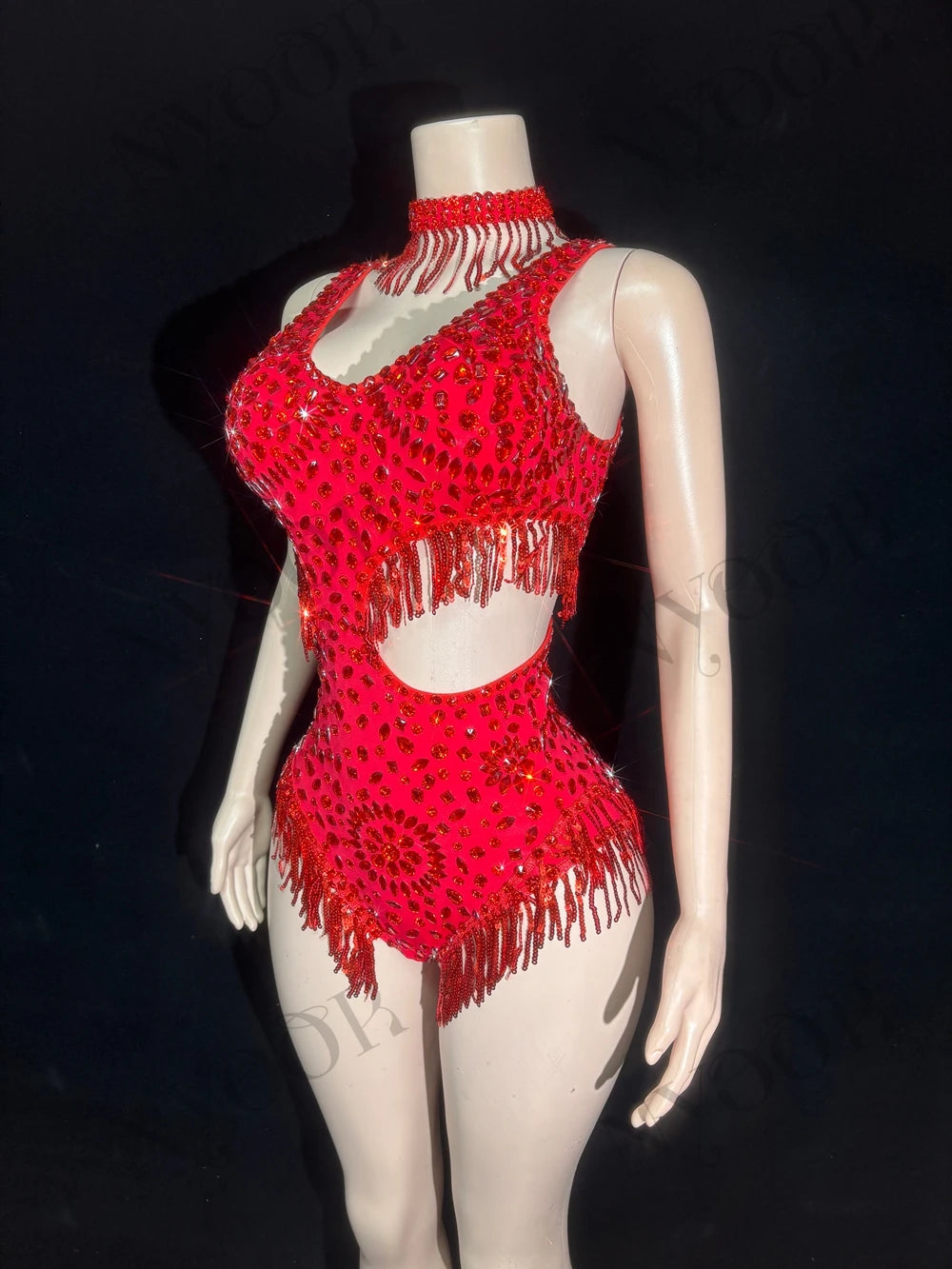 Sparkly Rhinestone Tassel Mock Neck Bodysuit Sleeveless Showgirl Stage Leotard
