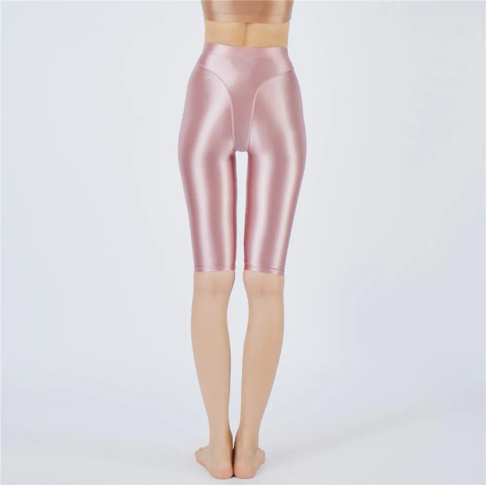 Oil Glossy High-Stretch Knee-Length Shorts Satin Shine Performance Biker Shorts