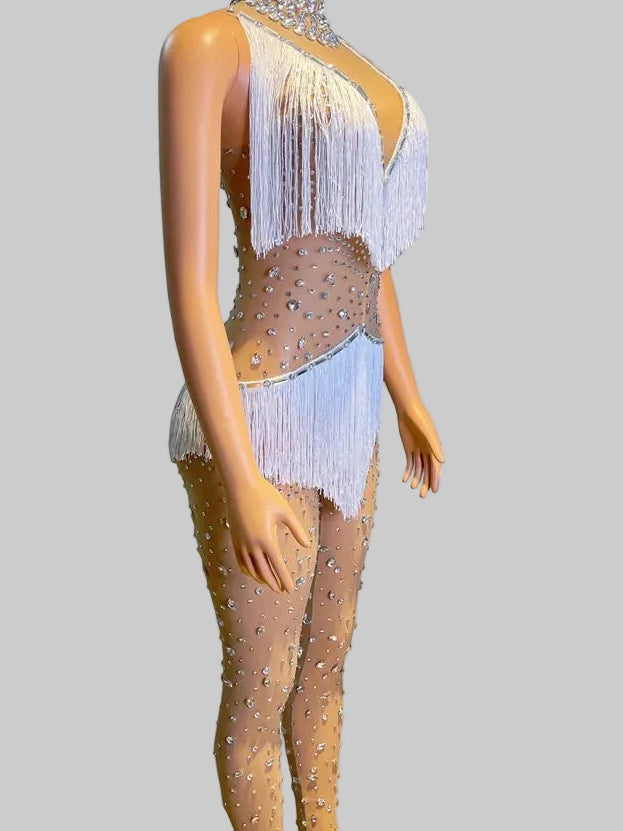 Silver Shattered Rhinestone Tassel Bodysuit Sheer Illusion Stage Jumpsuit