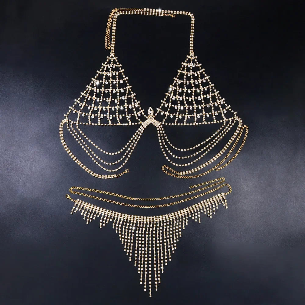 Rhinestone Chain Bra And Thong Set