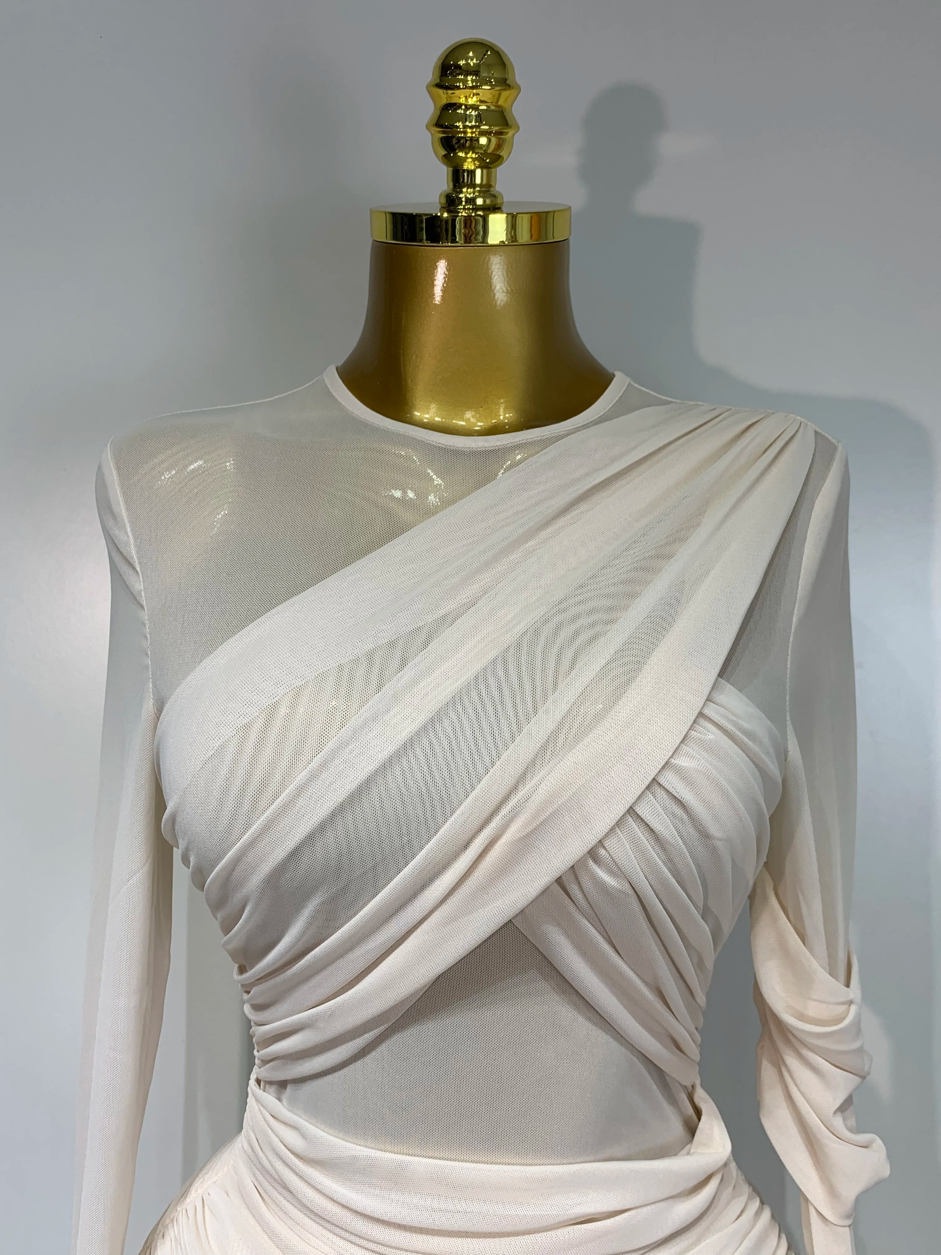 Ruched Mesh Draped Bodycon Maxi Dress Long Sleeve Illusion Evening Gown