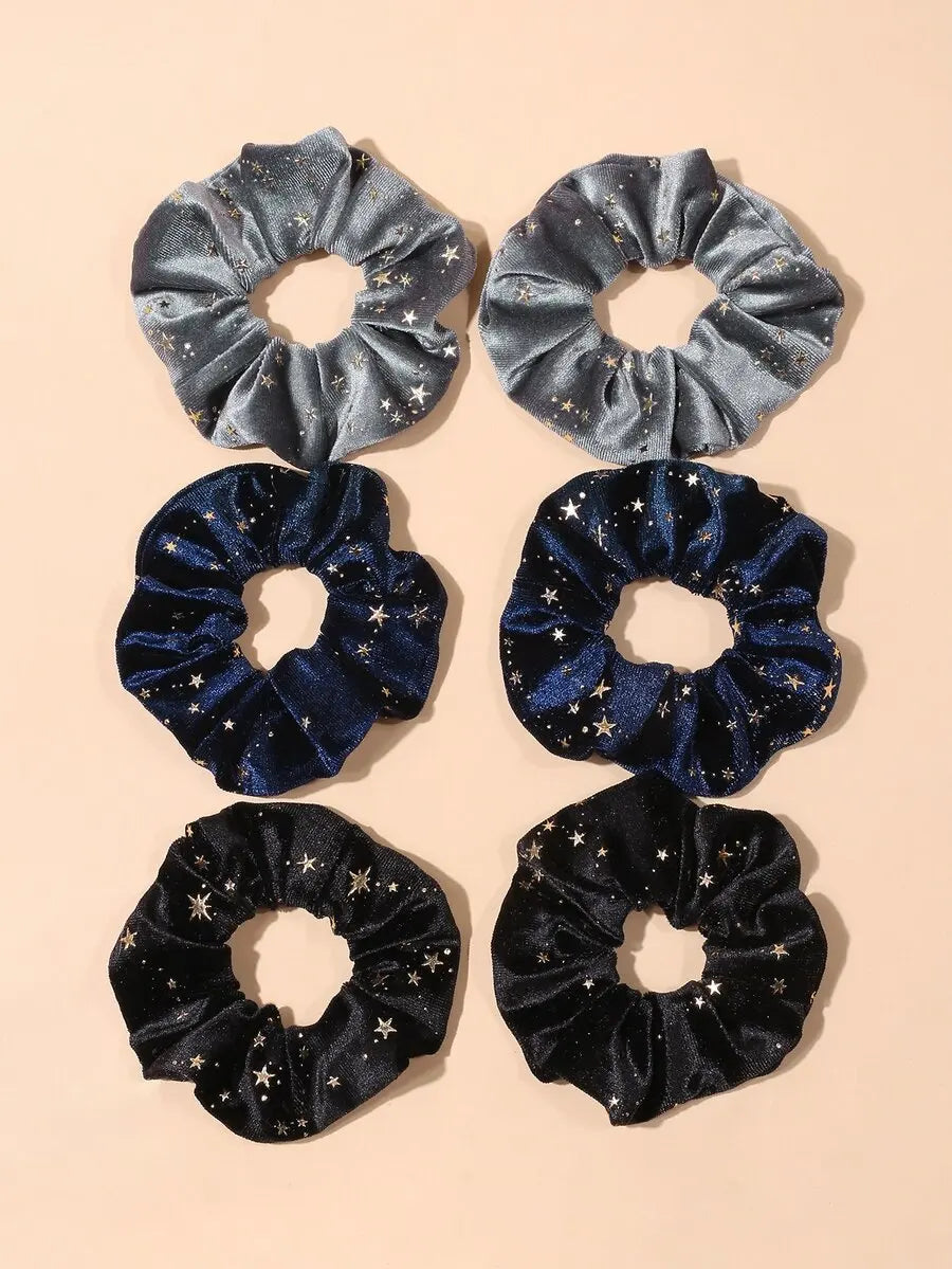 Vintage-Inspired Velvet Gold Star Hair Scrunchies 6-Piece Set
