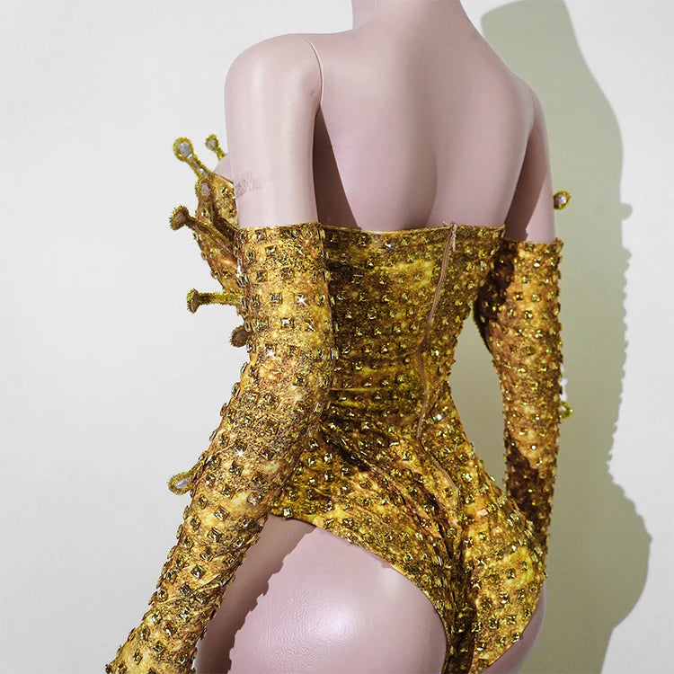 Sparkly Gold Rhinestone Bodysuit Sunburst Collar Spiked Glove Sleeves Costume