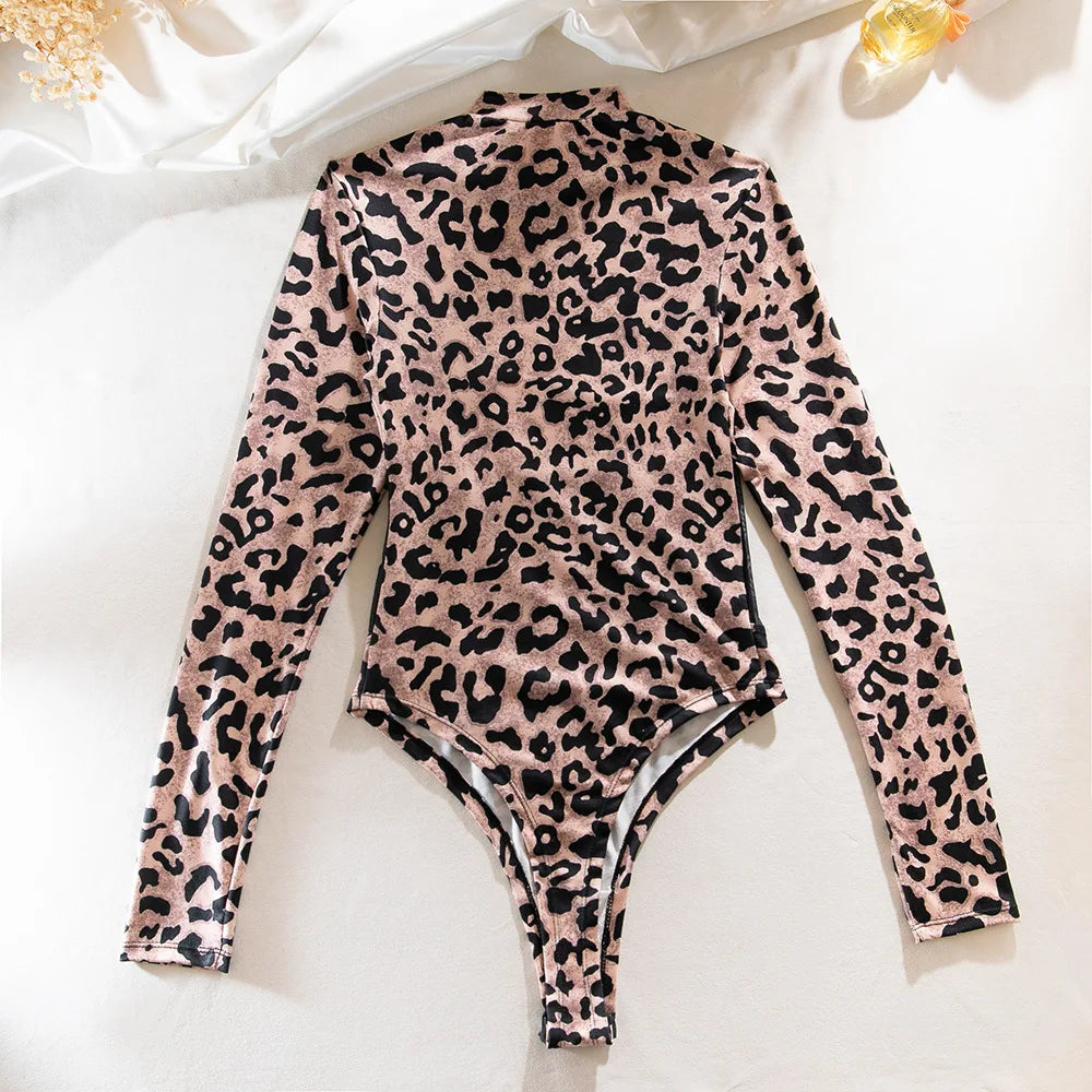 Leopard Print Sheer Mesh Corset Bodysuit Long Sleeve Stage Performance Dancewear