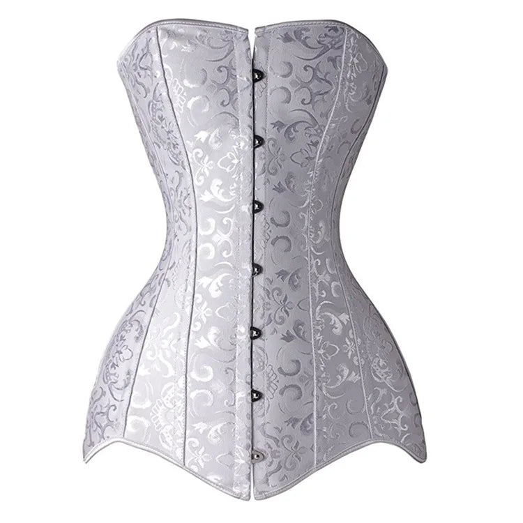 Steel Boned Long Torso Overbust Corset Top Gothic Vintage Floral Brocade Bustier