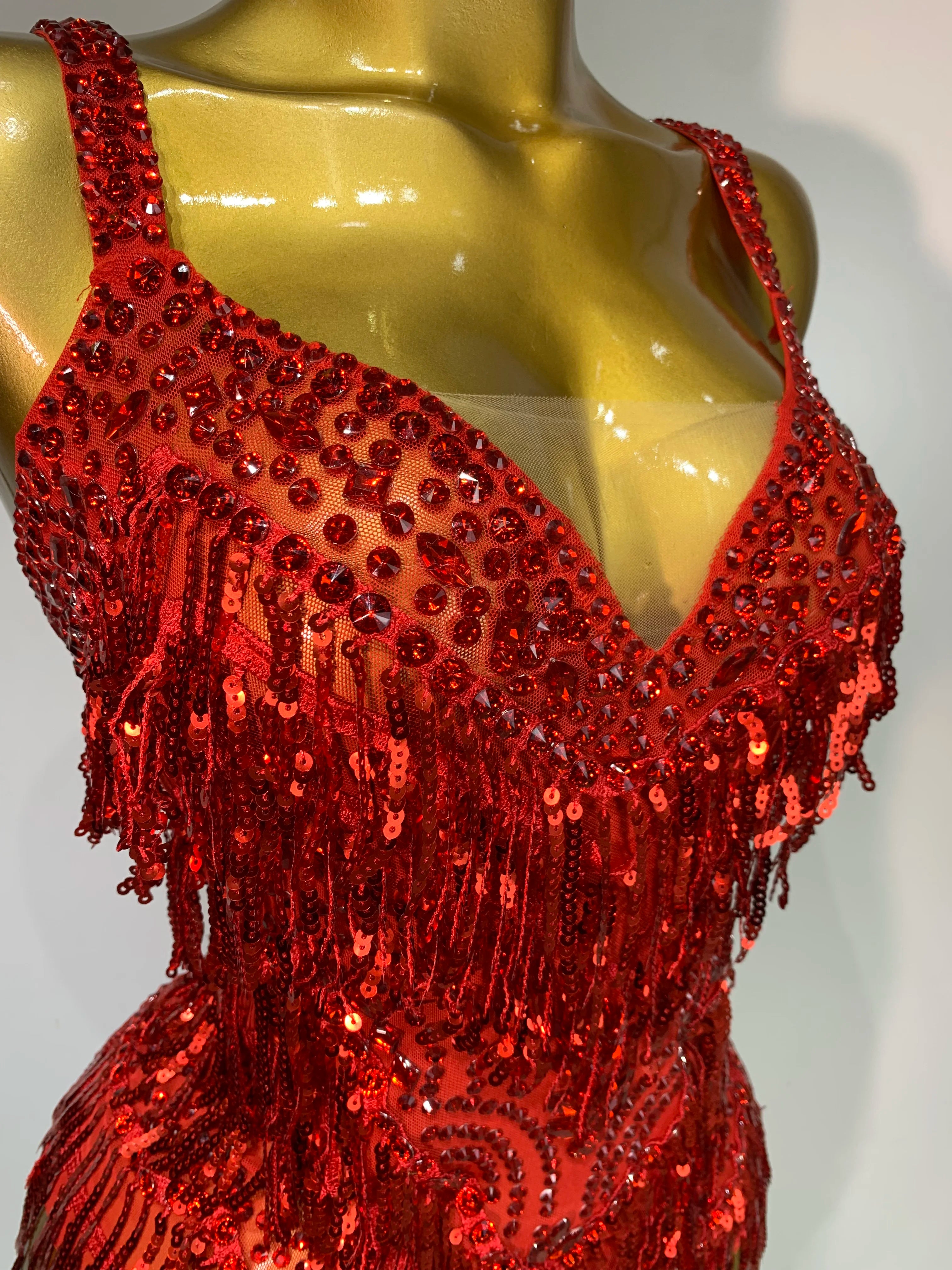 Sparkly Rhinestone Tassel Backless Mesh Bodysuit Luxury Stage Performance Costume