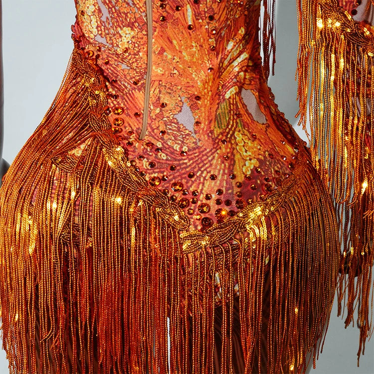 Leopard Sequin Fringe Asymmetrical Bodysuit One-Sleeve Stage Performance Costume