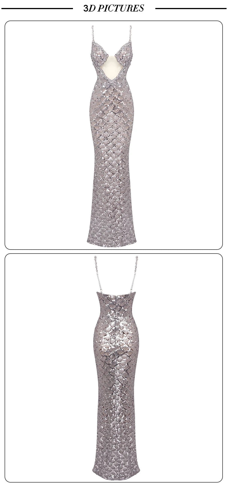 Silver Sequin Plunge Backless Maxi Dress