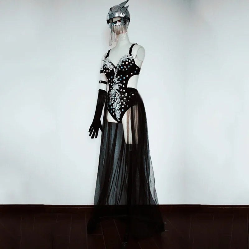 Silver Mirror Sequin Bodysuit & Dramatic Train Skirt Gogo Stage Costume Set