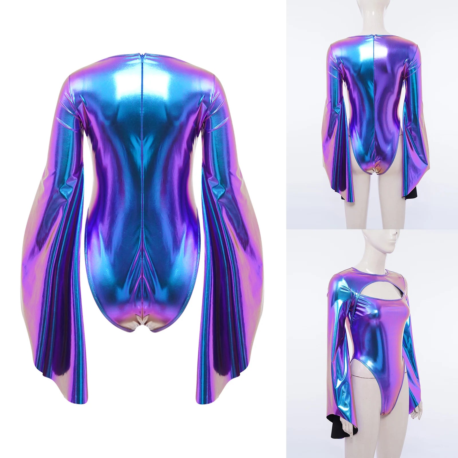 Metallic Flared Sleeve Cutout Disco Bodysuit & Metallic Rave Leotard
