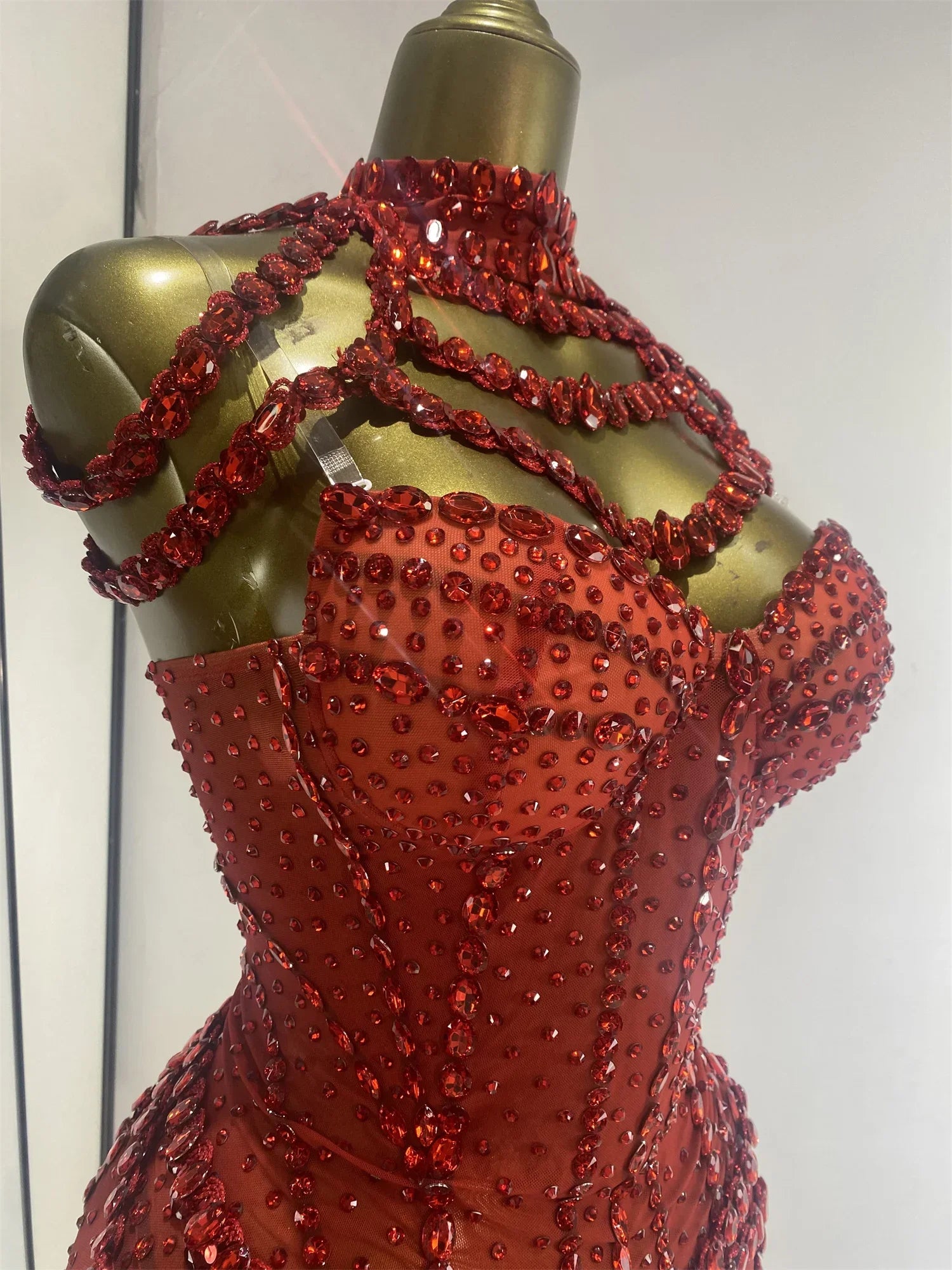 Crimson Red Rhinestone Corset Bodysuit & Embellished Choker 2-Piece Stage Costume Set