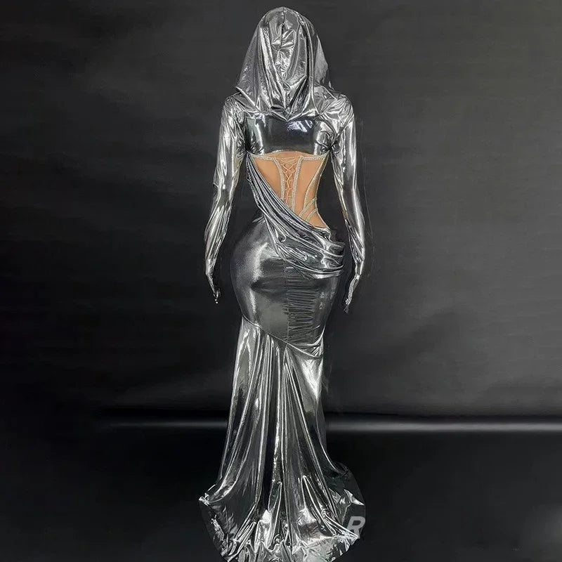 Liquid Metallic Hooded Maxi Gown Backless Cutout Floor-Length Stage Dress