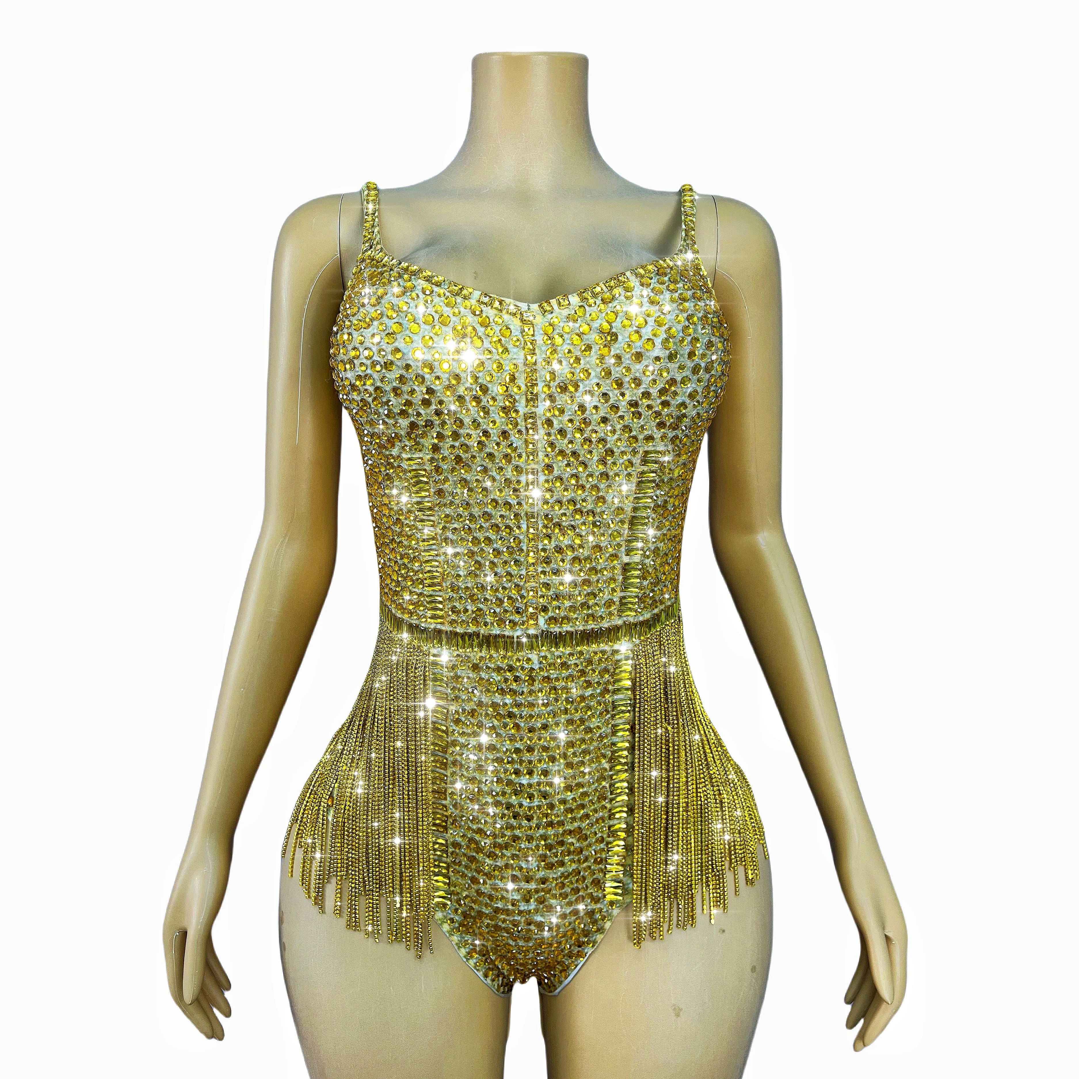 Gold Crystal Rhinestone Chain High-Cut Stage Performance Bodysuit Leotard
