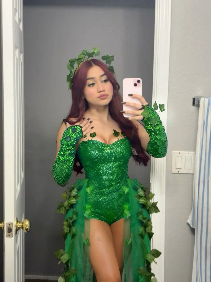 Emerald Ivy Leaf Sequin High-Low Gown & Gloves Sexy Botanical Villain Costume Set