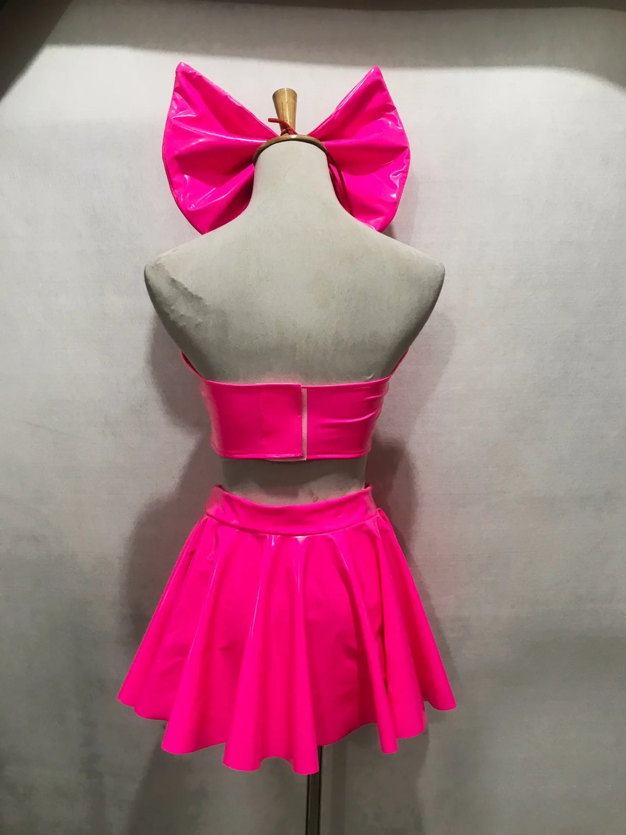 Patent Leather Bow Bralette, Pleated Mini Skirt & Headband 3-Piece Stage Dance Costume Set