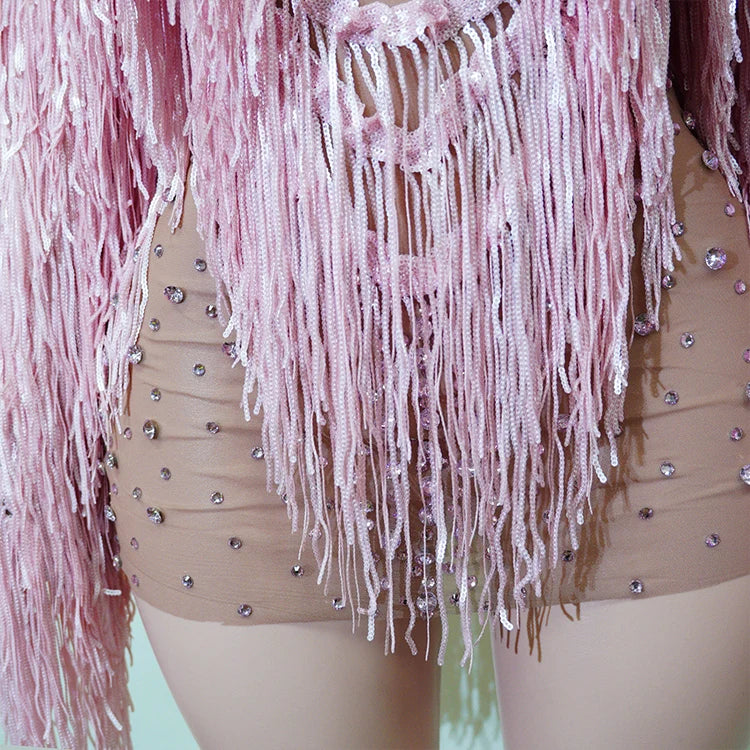 Rhinestone Tassel Fringe Jacket And Dress Costume Set
