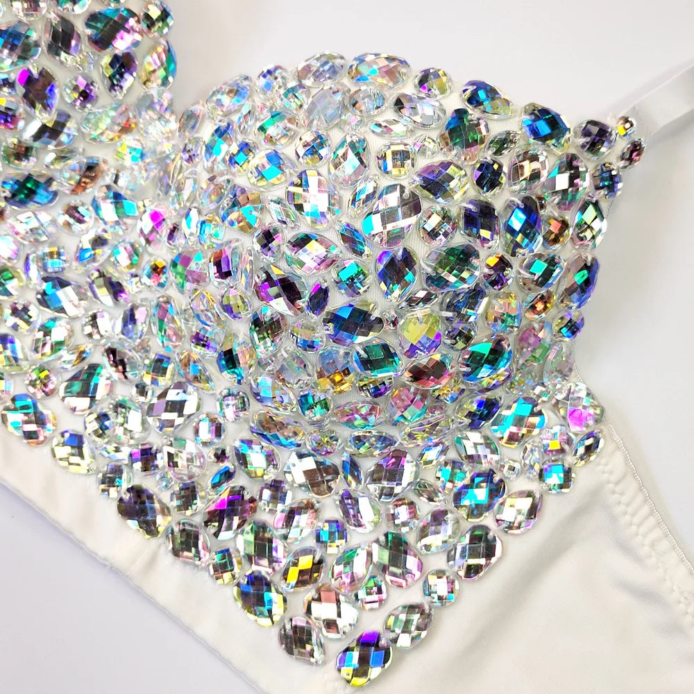 Rhinestone Glitter Bustier Corset Top Hook-and-Eye Nightclub Party Bralette
