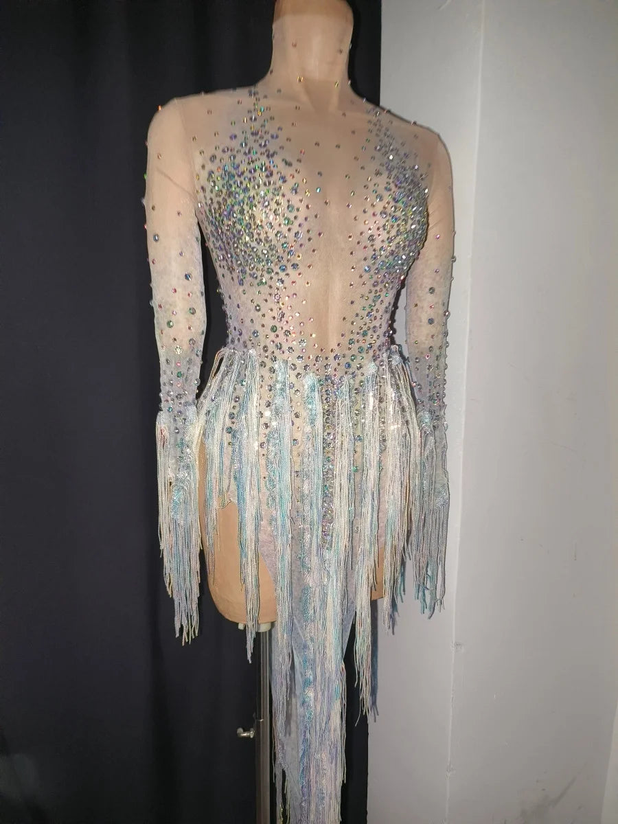 Iridescent Crystal Tassel Long Sleeve Sheer Mesh Stage Bodysuit Costume