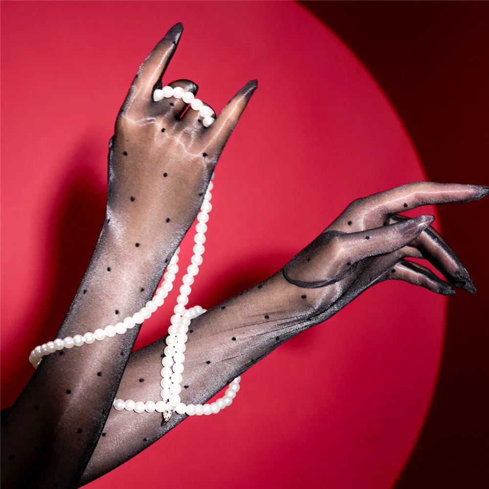 Sexy Women 1D Dot Ultra Thin Five Finger Long Glove Oil Shiny Glossy Sun Protection Glove Elastic Party Wedding Luxury Glove