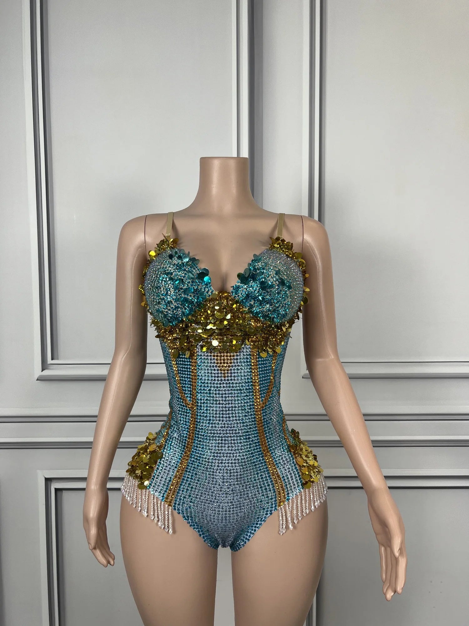 Sparkly Crystal Sequins Sleeveless Bodysuit Nightclub Event Singer Stage Leotard