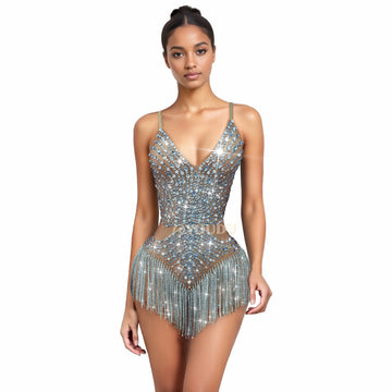 Flashing Crystal Rhinestone Chain Sheer Nude Mesh Stage Bodysuit Dance Leotard
