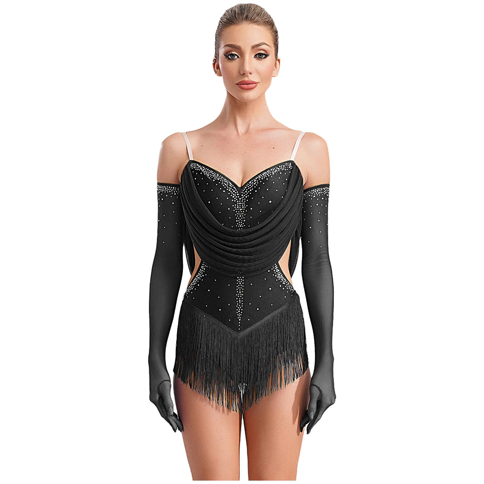 Sparkly Rhinestone & Tassel Fringe Dance Leotard with Gloves Two-Piece Stage Costume