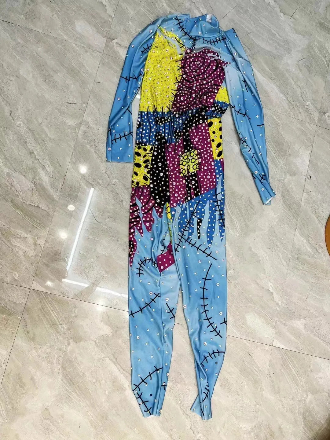 Women's Sky Blue AB Rhinestone Bodysuit & Leggings Set | Colorful Sparkly Jumpsuit for Stage & Club