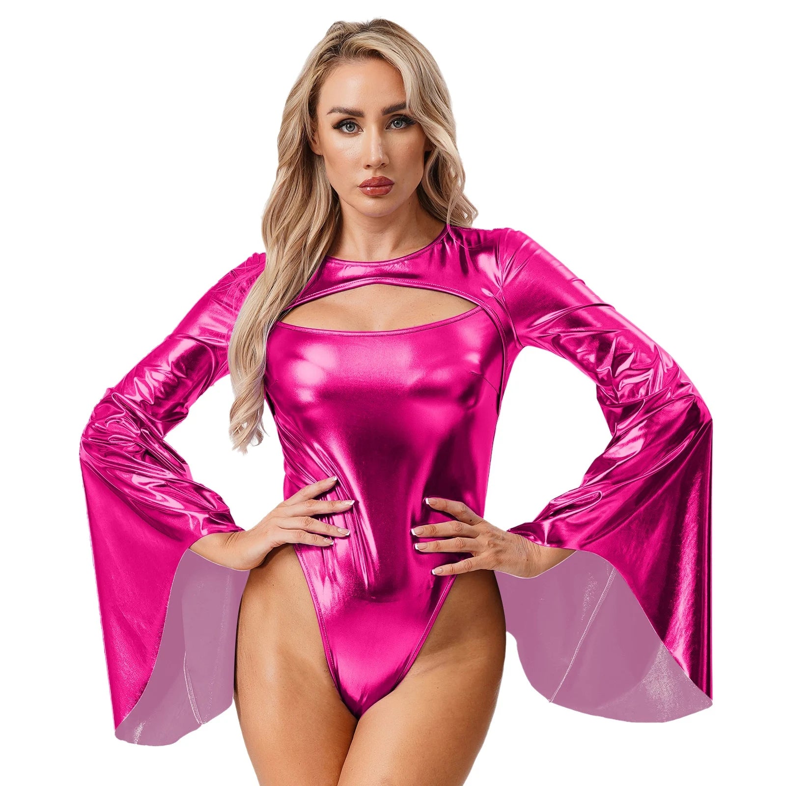 Metallic Flared Sleeve Cutout Disco Bodysuit & Metallic Rave Leotard