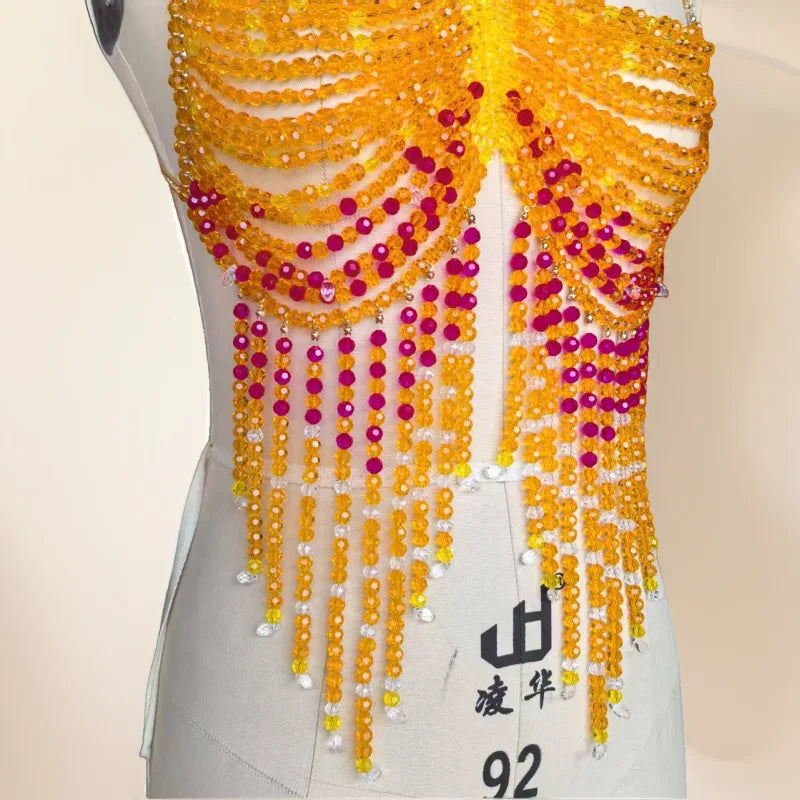 Handmade Multilayer Beaded Bra Chain & Vibrant Sunset Chest Harness