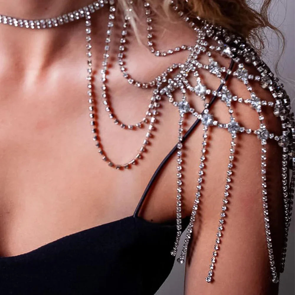 Oversized Crystal Rhinestone Shoulder Chain Tassel Harness Drag Queen Stage Jewelry