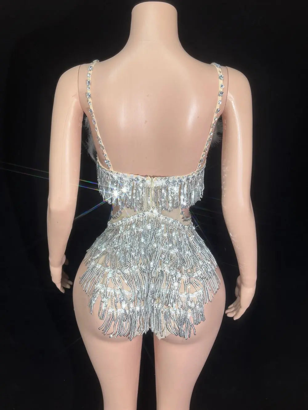 Sparkly Rhinestone Sequin Feather Bodysuit Showgirl Stage Performance Leotard