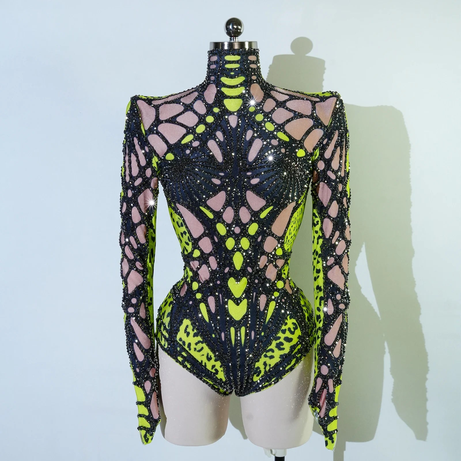 Futuristic Cyber Armor Rhinestone Bodysuit Mock Neck Sleeveless Stage Dance Costume