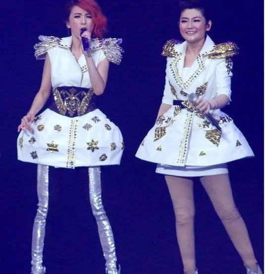 White Faux Leather Studded Stage Dress & Fluffy Skirt Pop Singer Costume Set