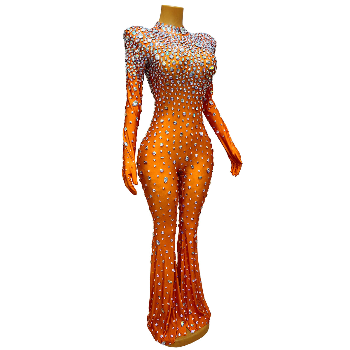 High Grade Sparkly Rhinestones Bell-Bottoms Jumpsuit Cocktail Party Fashion Show Singer Dancer Performance Costume