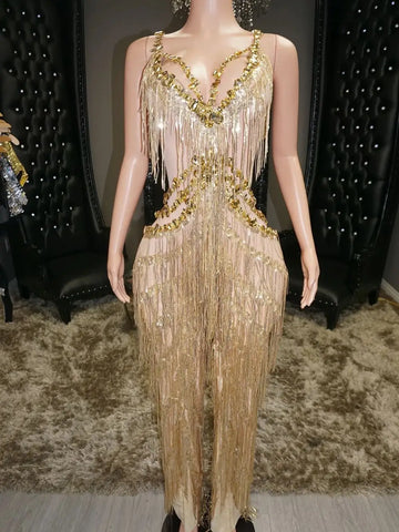 Sparkly Gold Sequin Rhinestone Stage Romper Sleeveless Jumpsuit Performance Costume