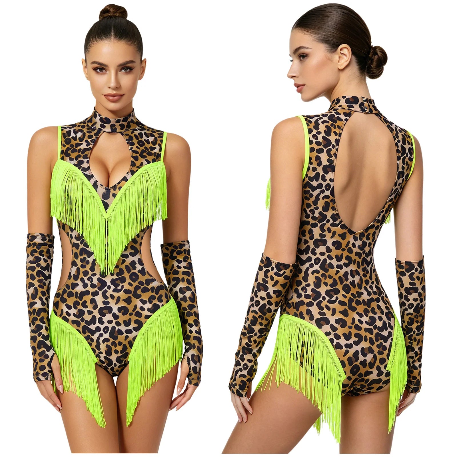 Leopard Cutout Bodysuit & Fringe Sleeves 2-Piece Latin Ballroom Stage Costume Set