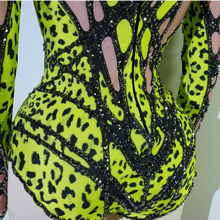 Futuristic Cyber Armor Rhinestone Bodysuit Mock Neck Sleeveless Stage Dance Costume