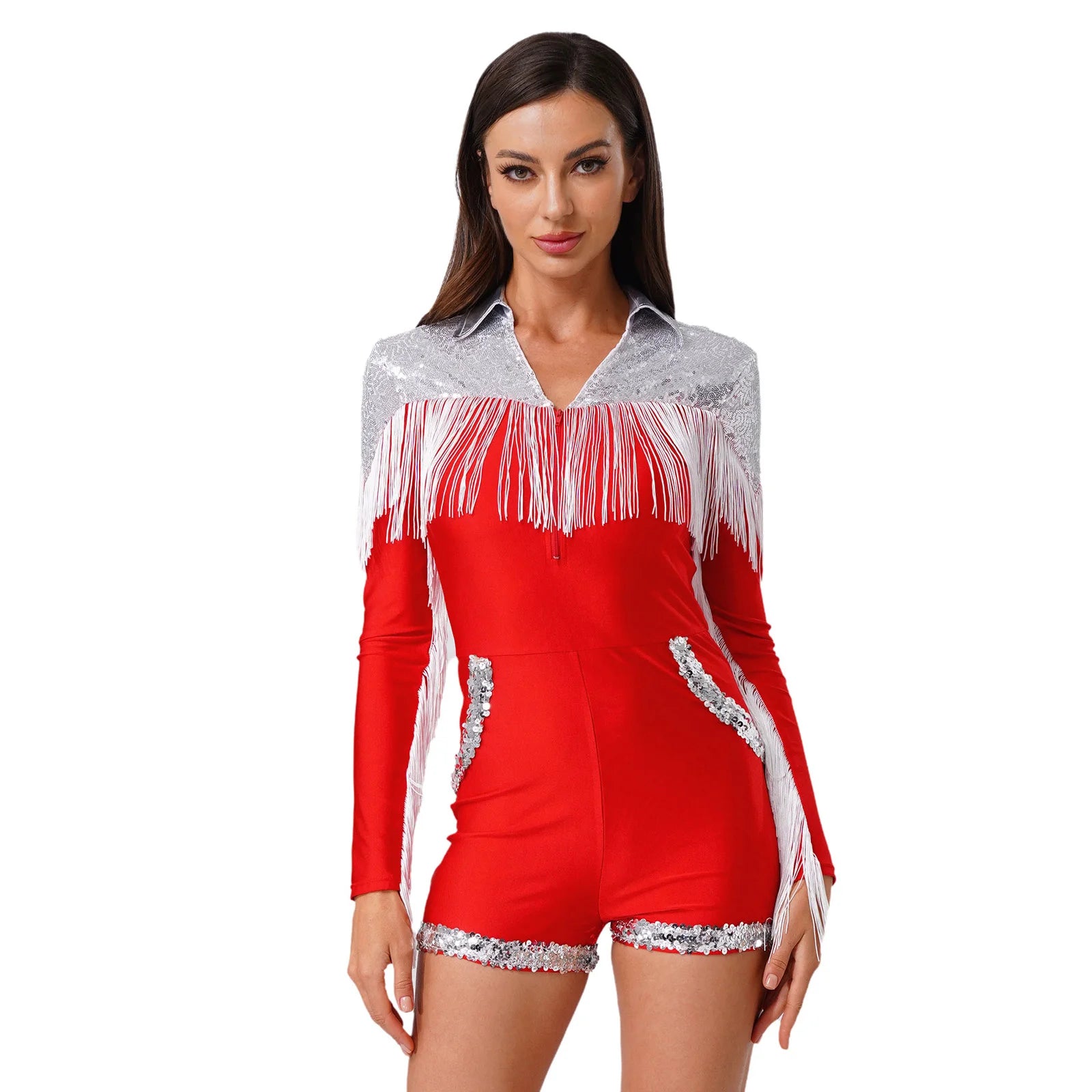 Western Cowgirl Sequin Fringe Long Sleeve Bodysuit Disco Dancewear Romper