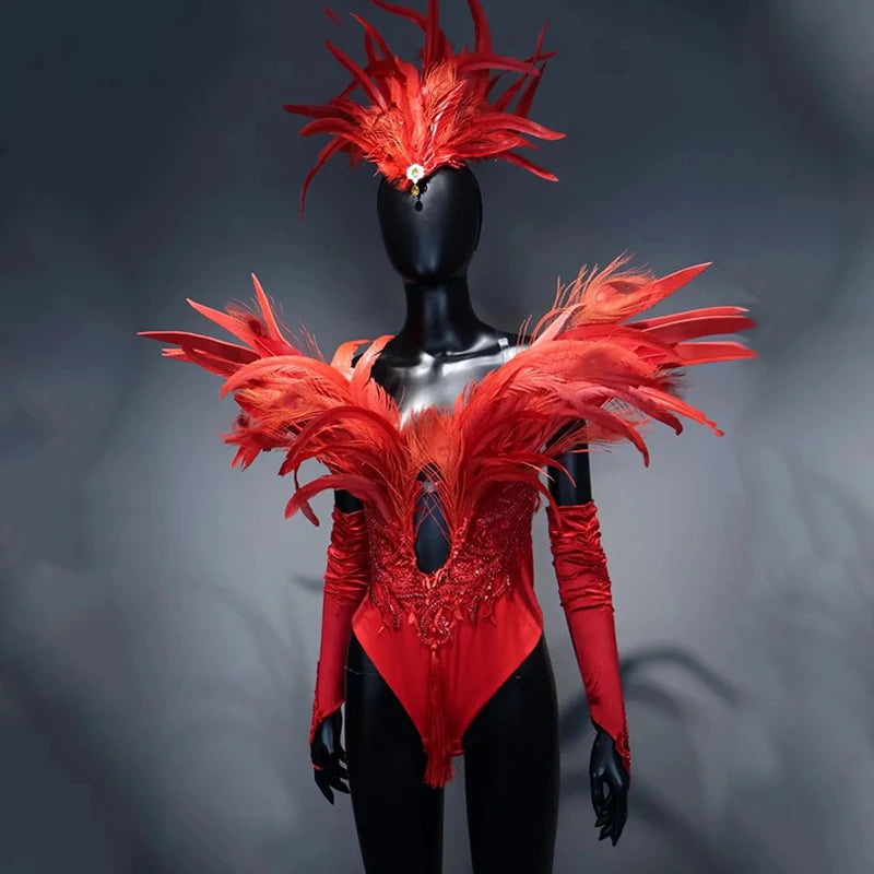 Red Feather Winged Bodysuit Drag Queen & Showgirl Carnival Stage Costume