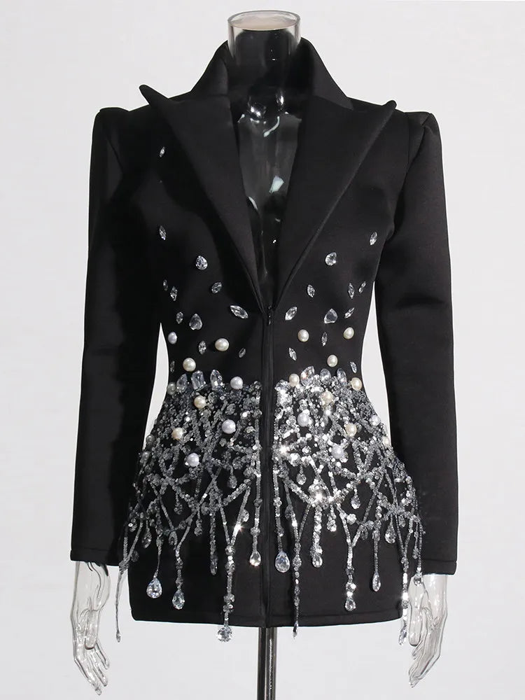 Patchwork Sequins Long Sleeve High Waist Spliced Pearls Mini Dresse