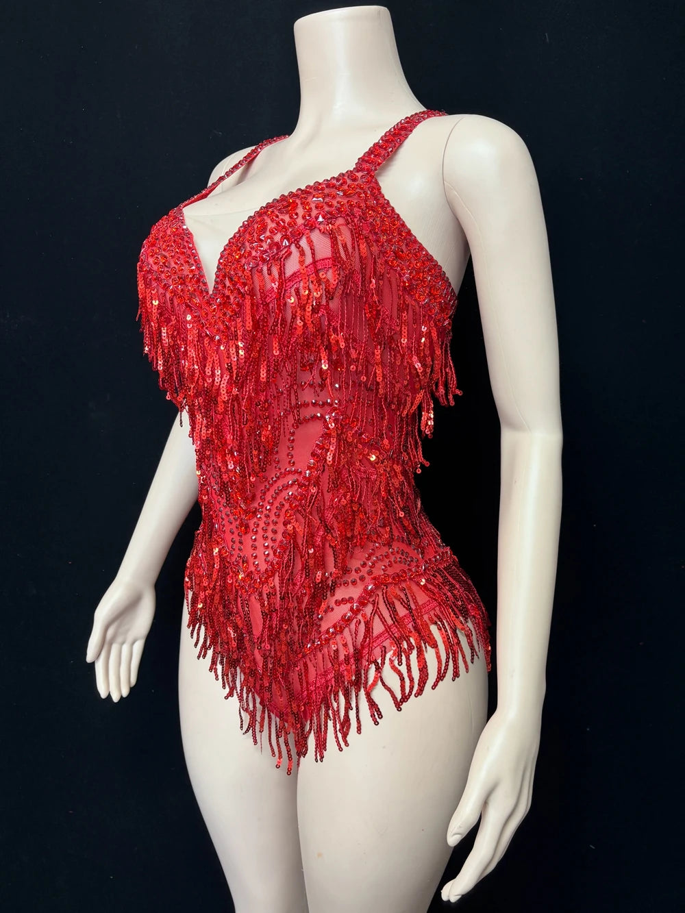 Sparkly Rhinestone & Tassel Bodysuit Stage Performance Dance Costume