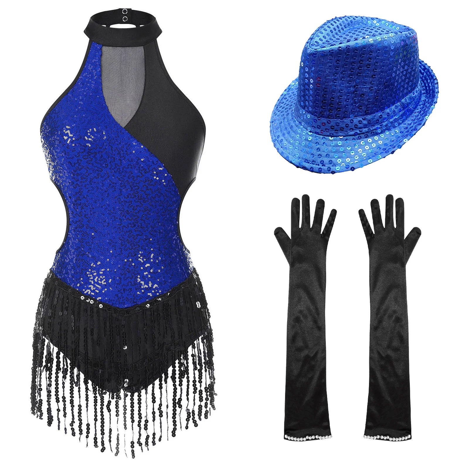 Sequined Fringe Latin Dance & Figure Skating Jumpsuit Leotard Set with Mesh Gloves