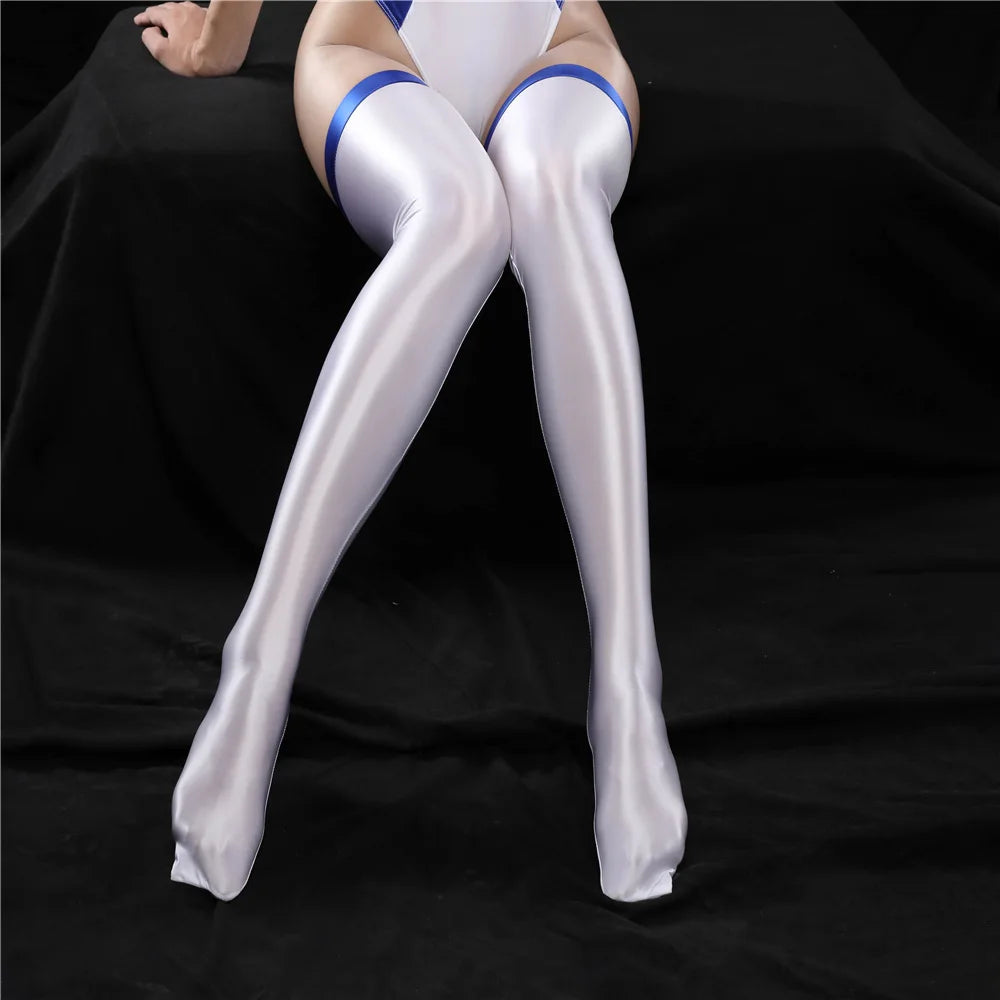 Oil Glossy Patchwork Thigh-High Stockings Satin Smooth Over-Knee Dance Hosiery
