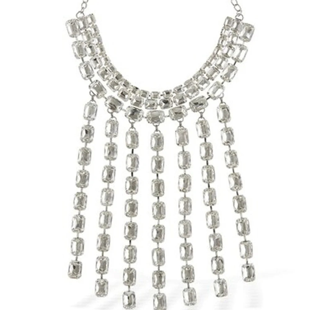 Square Pendant Rhinestone Fringe Choker