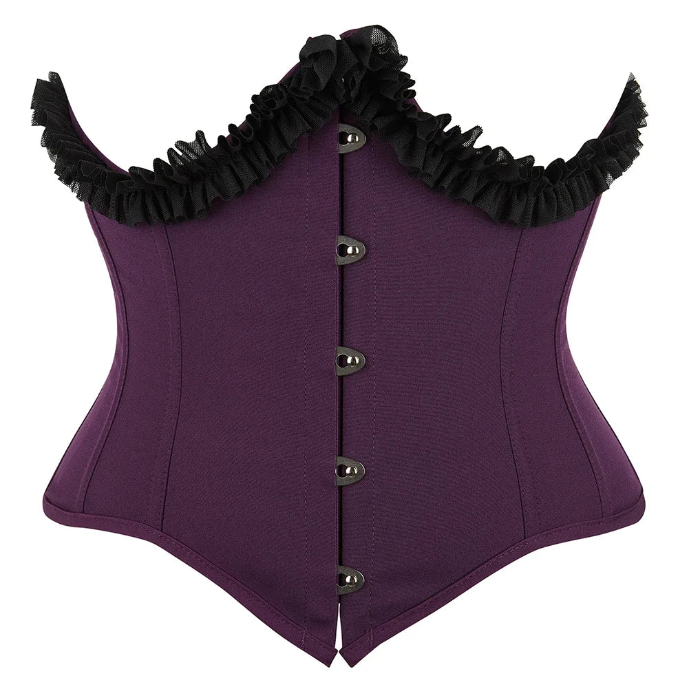 Gothic Underbust Corset Bustier Lace Ruffle Trim Front Busk Waist Cincher