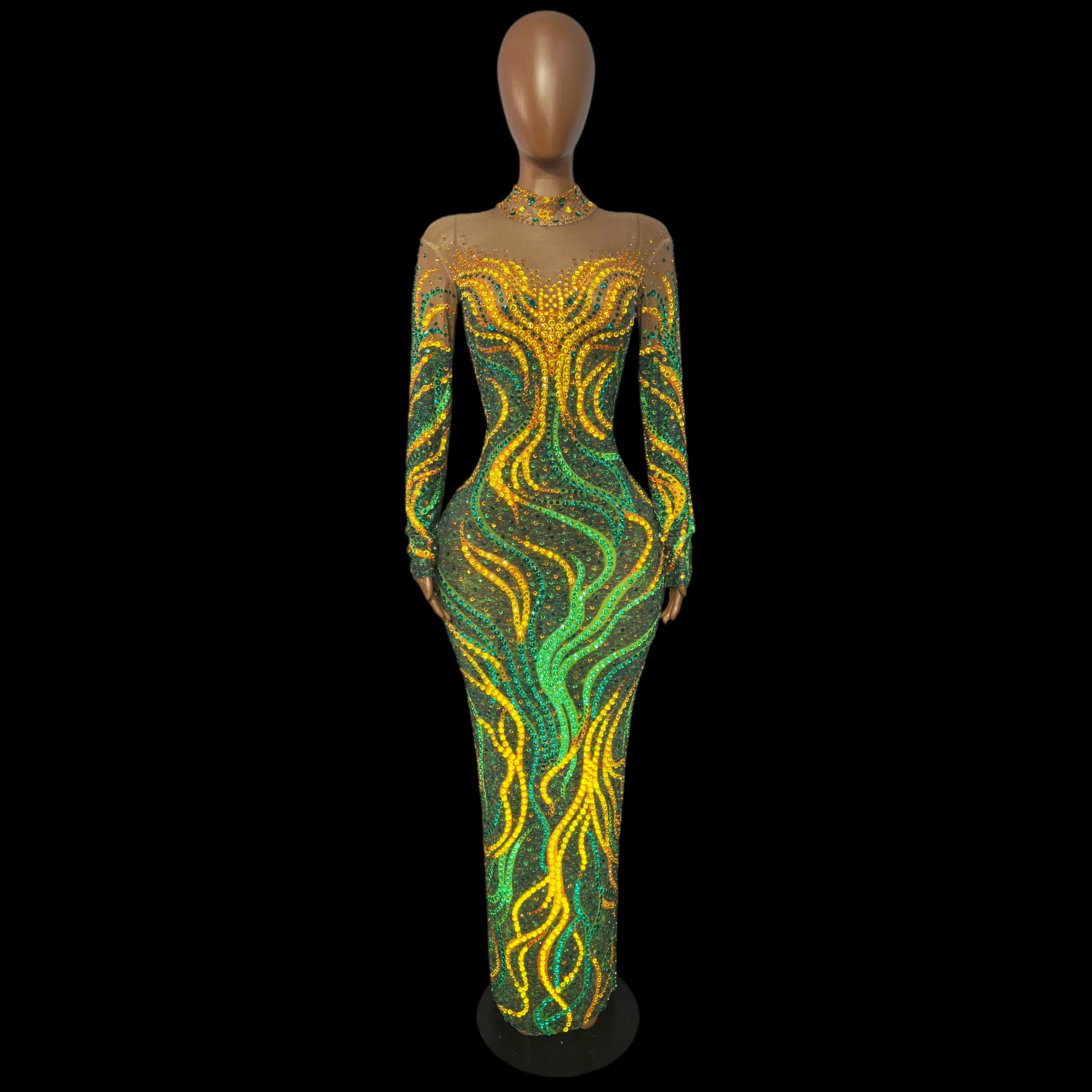Gold & Emerald Swirl Rhinestone Illusion Maxi Gown Long Sleeve Floor-Length Evening Dress