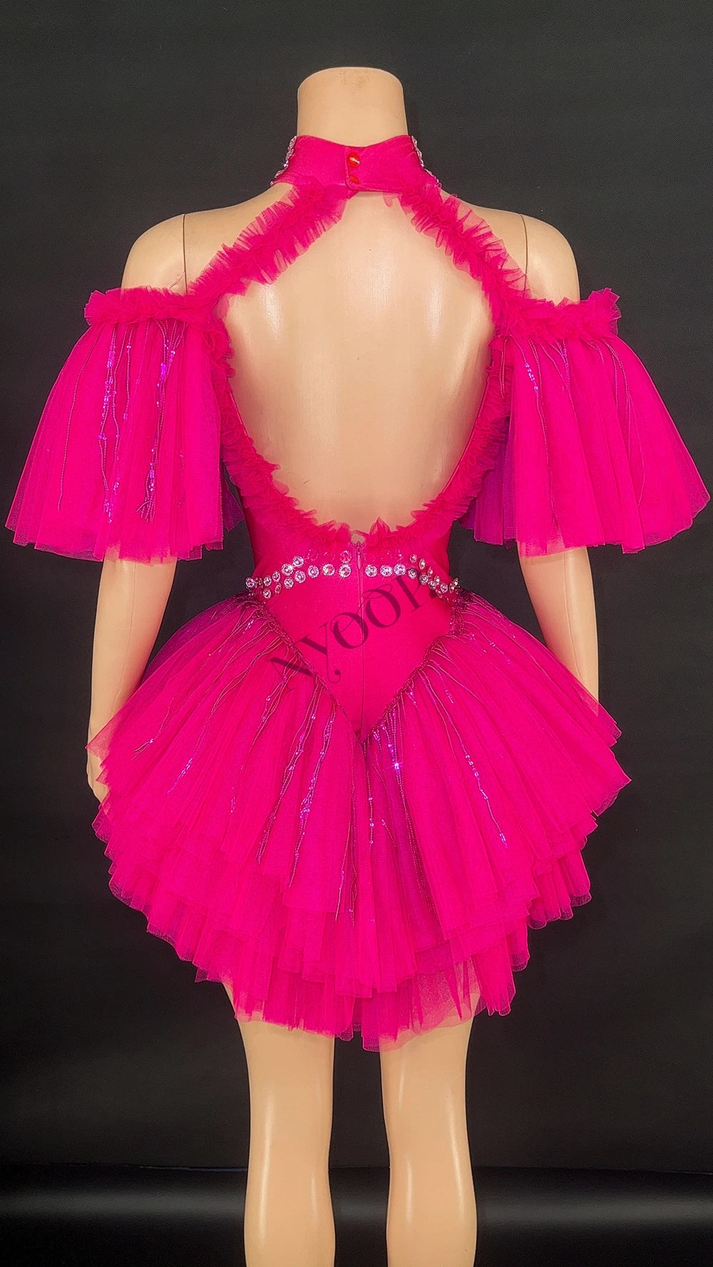Sparkly Sequin Tassel Puff Sleeve Mesh Bodysuit Showgirl Stage Dance Leotard