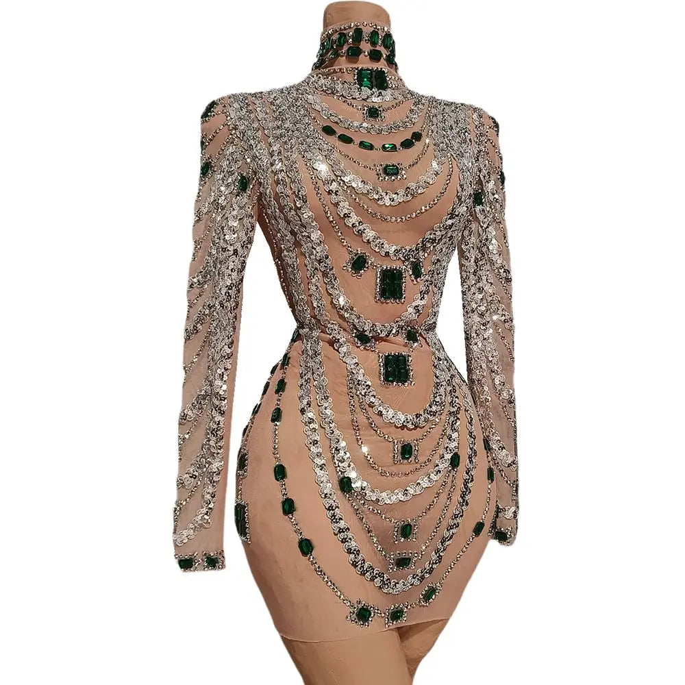 Sparkly Rhinestone, Sequin & Pearl Sheer Illusion Performance Dress Stage Costume
