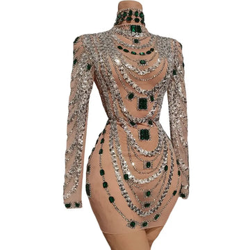 Sparkly Rhinestone, Sequin & Pearl Sheer Illusion Performance Dress Stage Costume